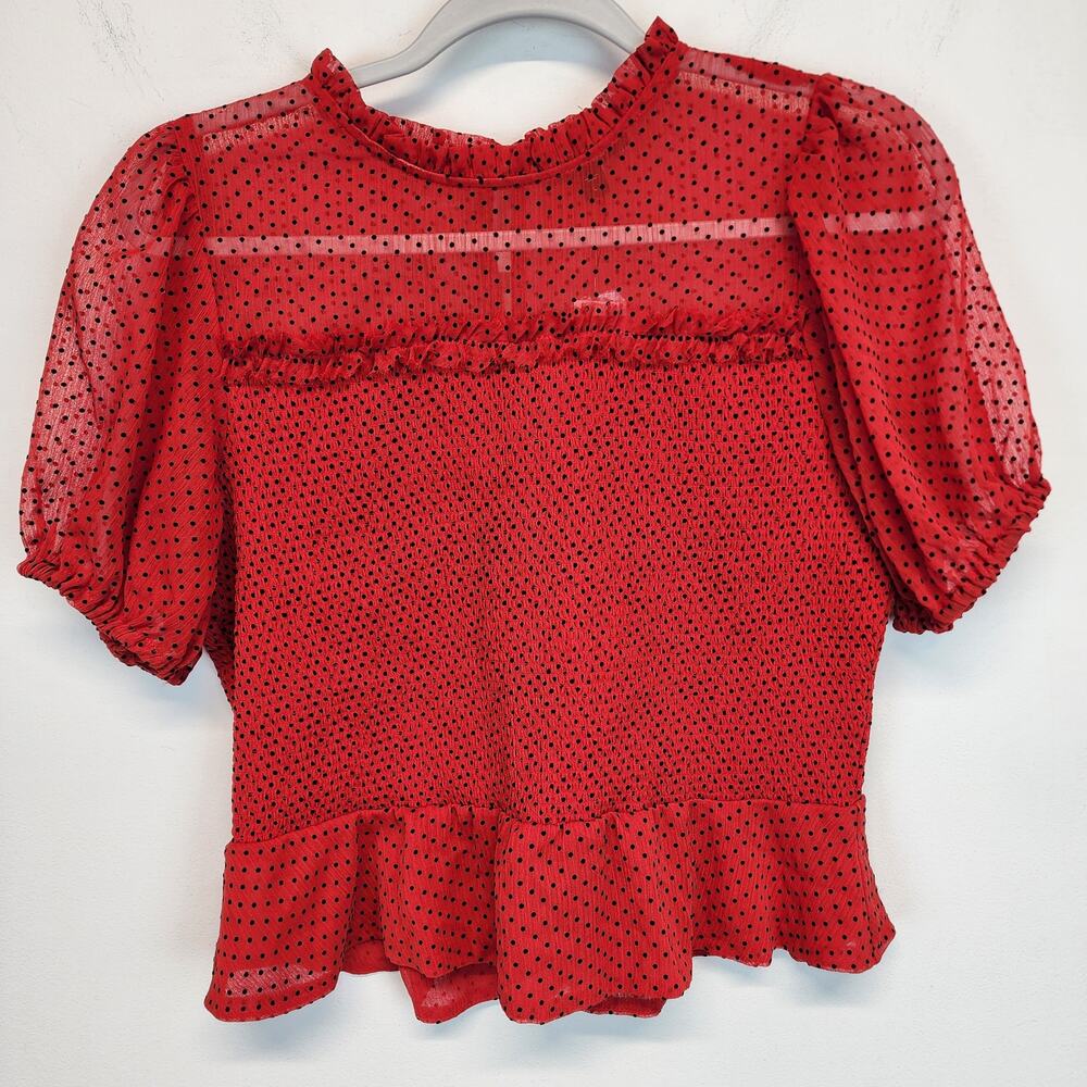 Express Womens Smocked Peplum Polka Dot Blouse Size L Red Puff Sleeve Rockabilly
